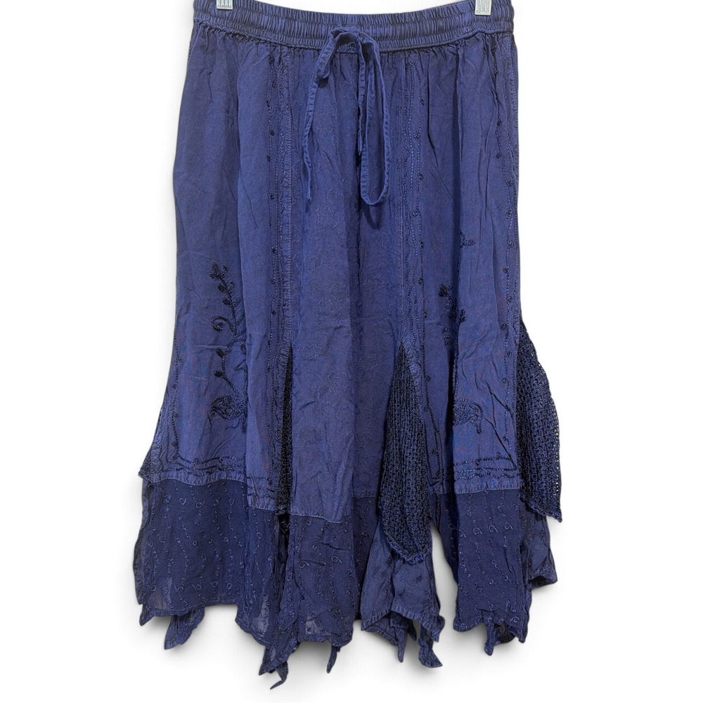 Vintage Navy Blue Embroidered Crochet Lace Handkerchief Hem Midi Skirt Boho